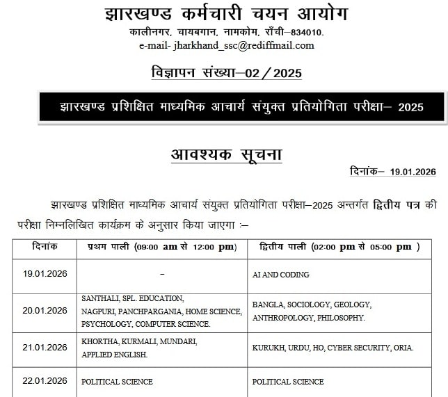 JSSC Madhyamik Acharya Paper-II Exam Notice